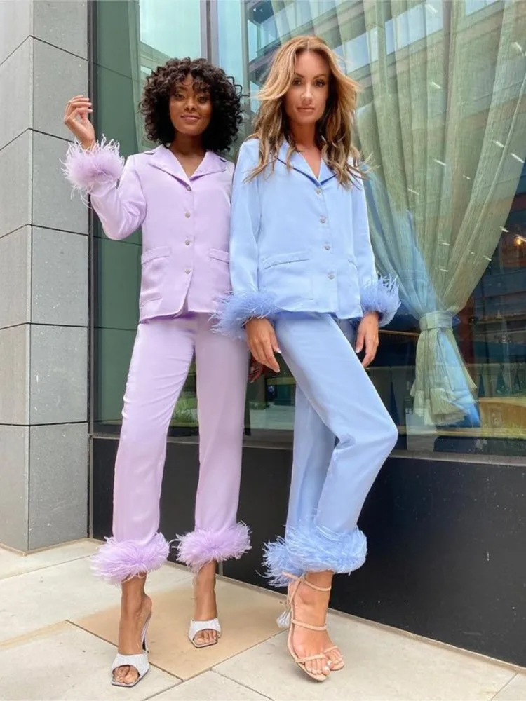 

M GIRLS Feather Fur V Single Breasted Full Sleeve Blouse Tops and Pants Lounge Suit Women Solid Casual Pajamas Matching SetS