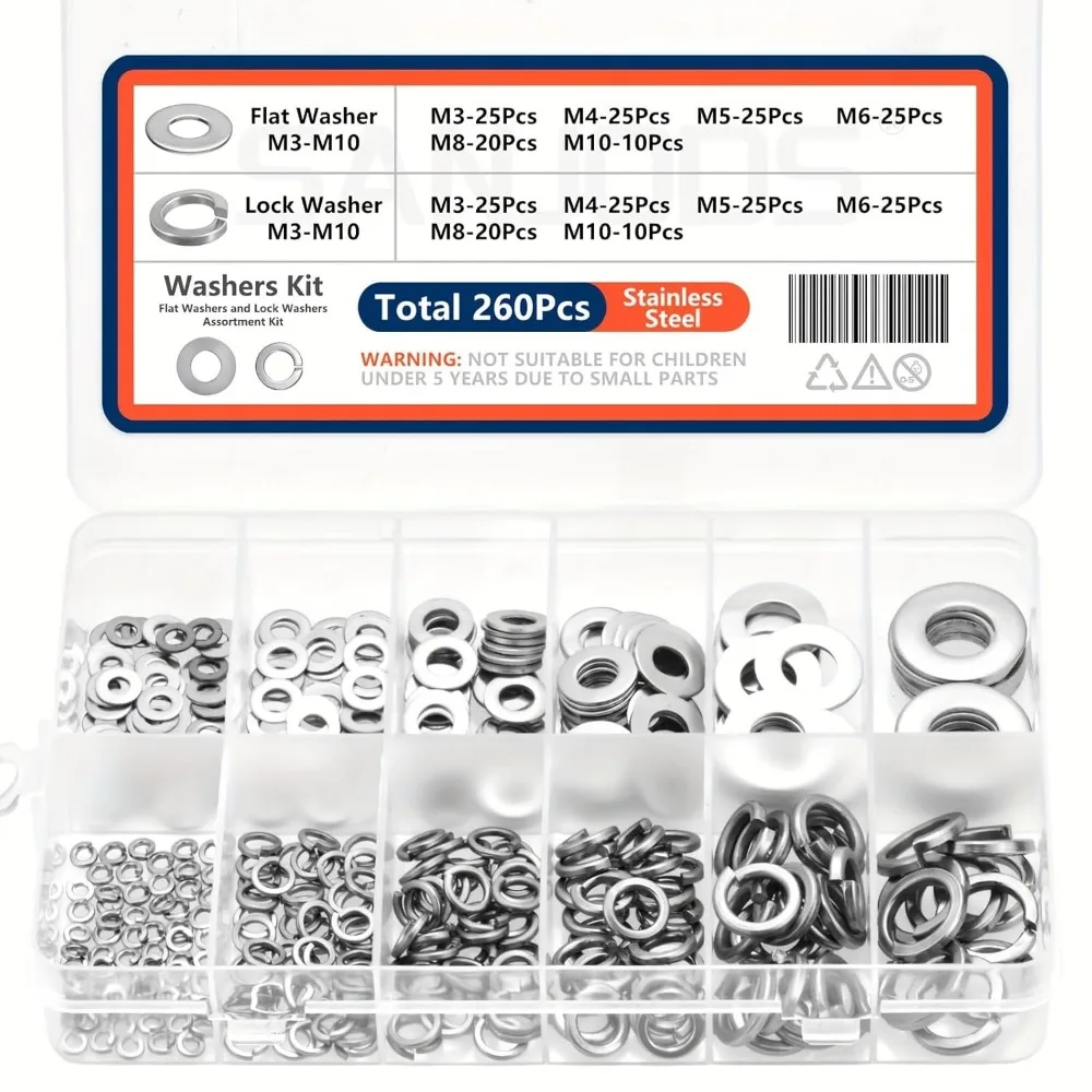 260 шт. Ассортимент стопорных и плоских шайб из нержавеющей стали M3 M4 M5 M6 M8 M10
