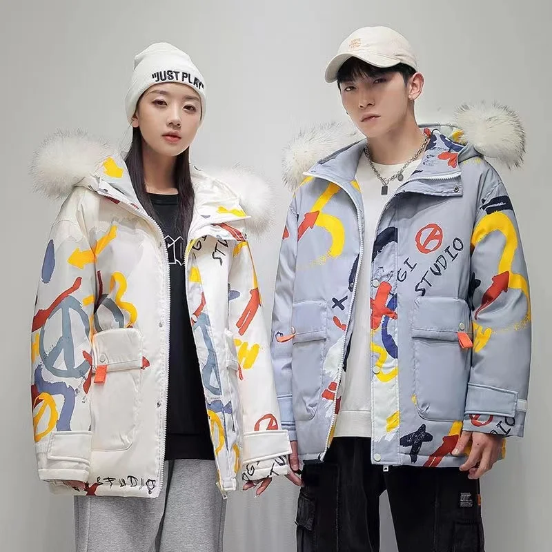 2022 Girl's Duck Down Jacket Winter Fashion Graffiti Print Luxury Fur Collar Hooded Puffer Jacket Couples New Thicken Warm Coats