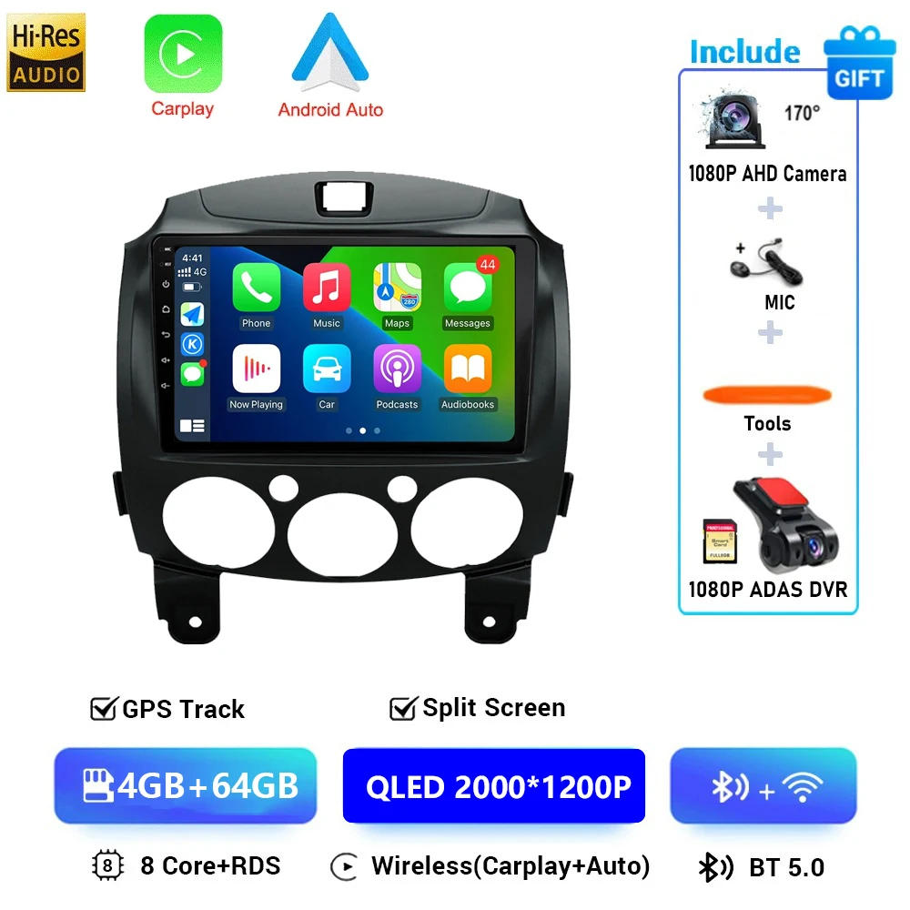 

Android 16 Carplay Auto 2K экран автомобильный радиоприемник мультимедийный плеер для Mazda 2 2007-2014 WIFI + 4G авторадио стерео 2din Snapdragon