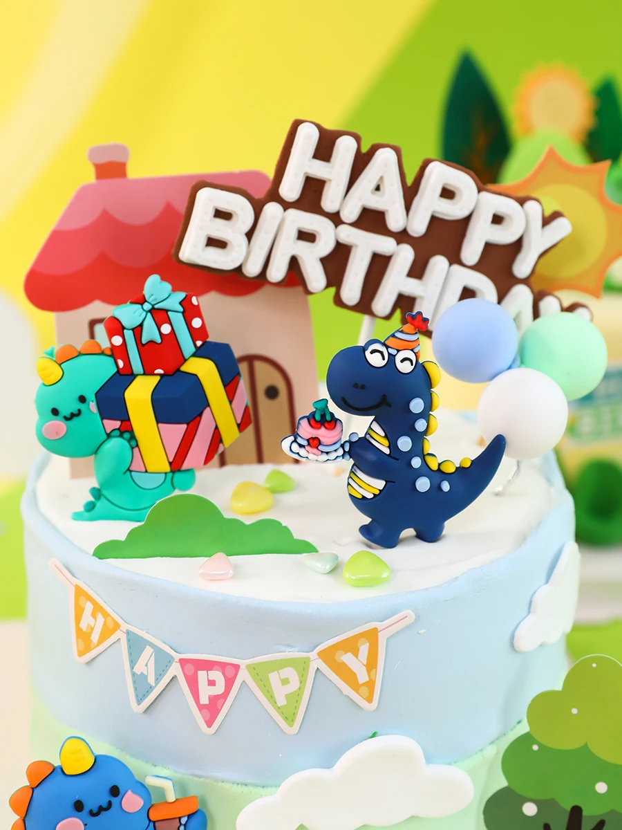 

Green Dinosaur Cartoon Soft Rubber Boy Baby Birthday Cake Topper Jungle Party Cloud Paper Dessert Cupcake Kids Baking Supplies