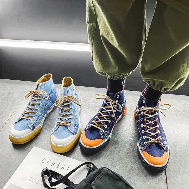 

Spring Denim Vulcanized Shoes Casual Flat-heeled Blue High-top Canvas Men's Breathable All-match Student Board Fahion Shoes