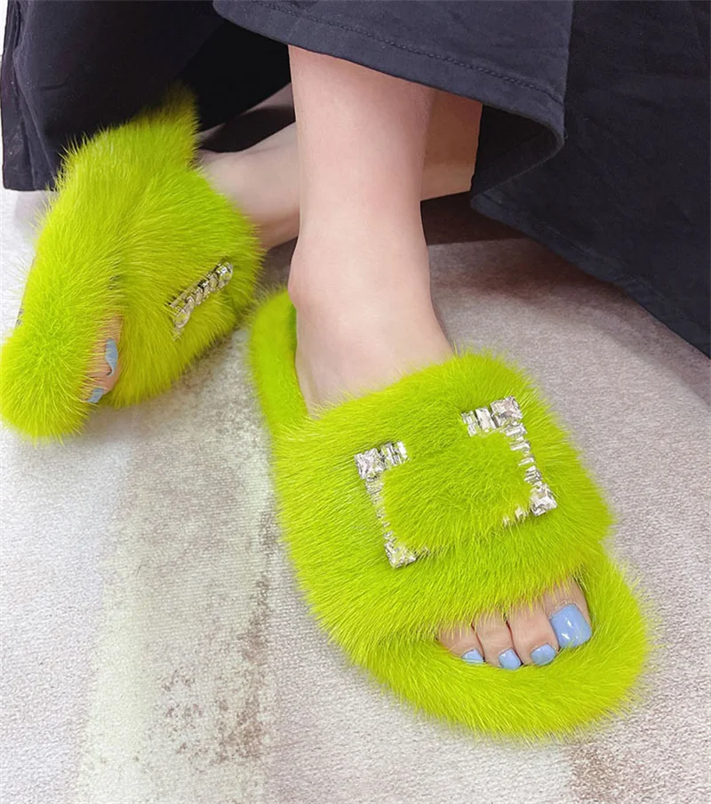

Europen Luxury 100% Real Mink Fur Slipper Fashion Slippers Women Indoor slippers Furry Slides Slippers Ladies Slippers Summer