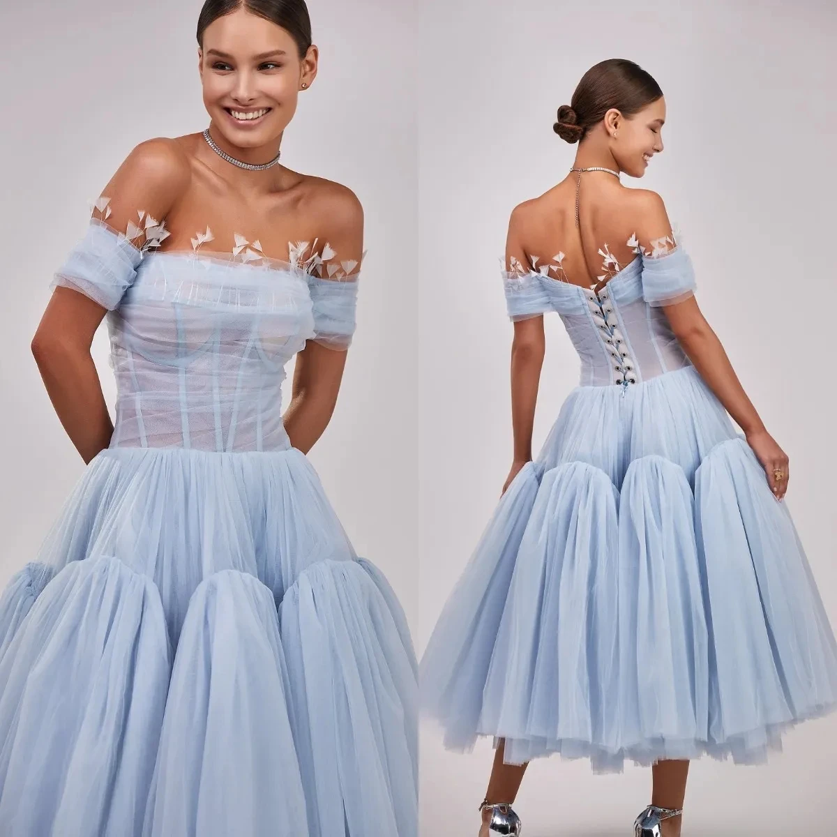 

Light Sky Blue Prom Dresses Tulle Feather Off Shoulder Evening Gowns Fashion Girls Photoshoot Appliqued Formal Vestido De Noche