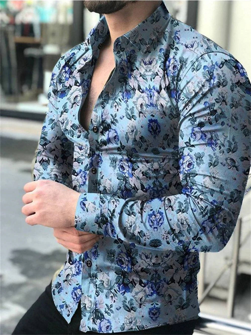 

2022 spring and autumn new geometric pattern stitching printed shirt men's fashion casual lapel button shirt cardigan streetwear