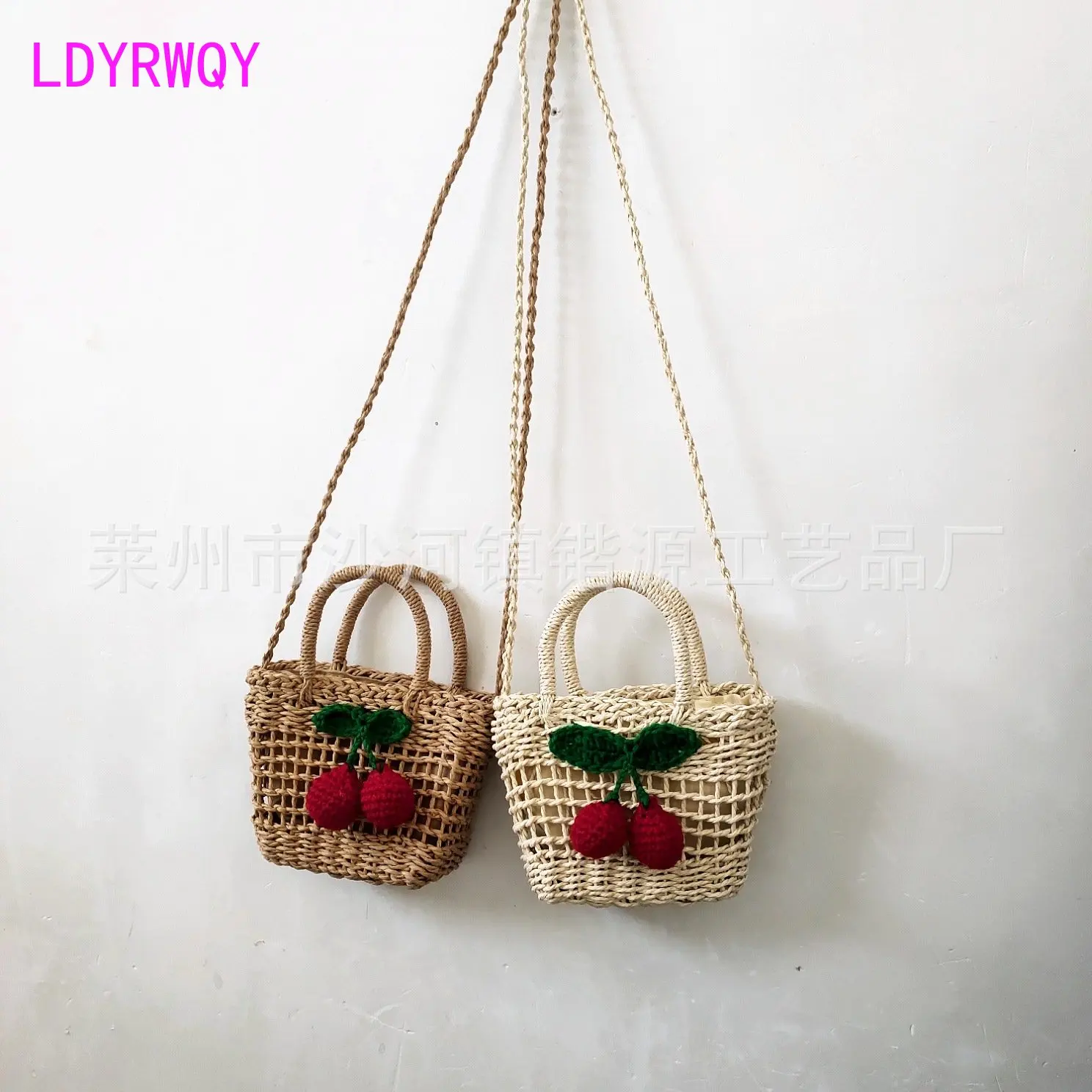 

New Hollow Cherry Straw Woven Bag Women's Handheld Skew Straddle Handwoven Bag Beach Shoulder Bags 20x15cm