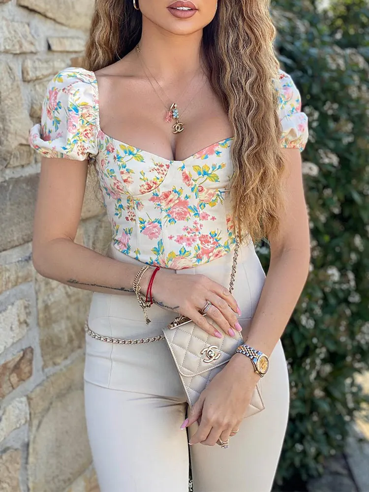 

Women Floral Print Cropped Blouse 2022 Summer BOHO Holiday Streetwear Female Fahsion Puff Sleeve Square Collar Short Shirts Top
