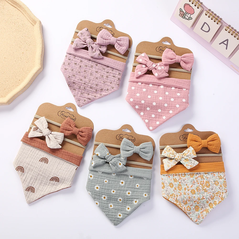 3Pcs/Set Muslin Cotton Baby Bib Bow Headband Adjustable Button Triangle Saliva Towel Print Infant Boy Girl Feeding Burp Cloth