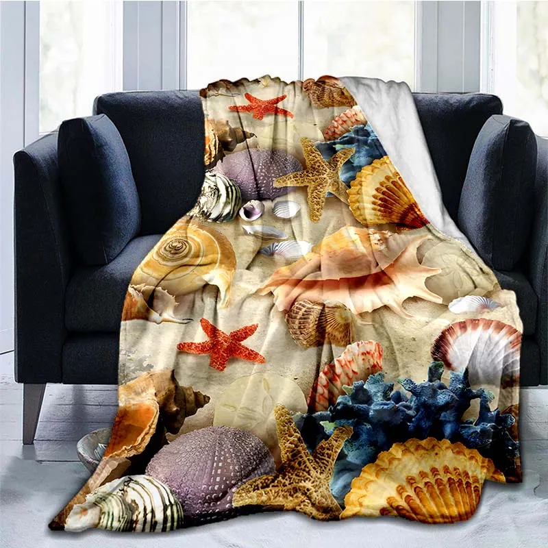 

Plush Soft Comfortable Home Decor Blanket King Beach Shells Landscape 3D Printed Throw Blanket Bedspread Flannel Home Blanket