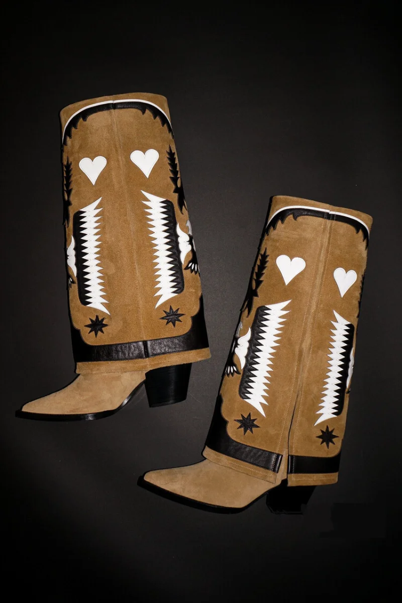 Genuine Leather Autumn Winter Women's Shoes Wide Tube Western Cowboy Boots Knee High Fashion Embroidery PunkLong and Short Boots