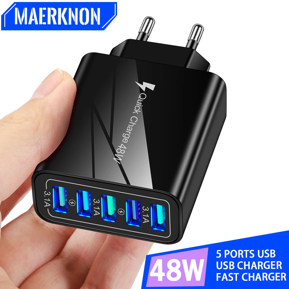 

5 Ports USB Charger Quick Charge 3.0 48W Fast Charging Phone Charge Adapter For iphone Samsung Xiaomi EU/US/UK Plug Wall Charger