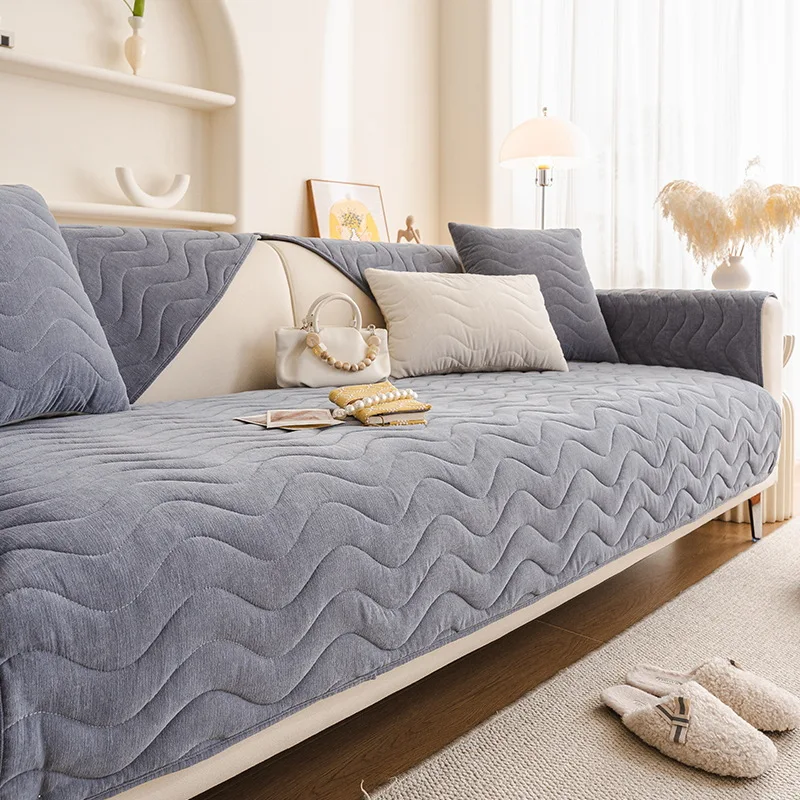 Pure Color Wave Pattern Sofa Covers Chenille Couch Cushion for Living Room L-shaped Decorative Sectional Cover