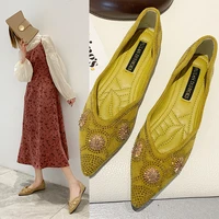 crystal flower decoration flat shoes woman pointy suede leather glitter rivets flats brand dorsay shoes woman sequins mules