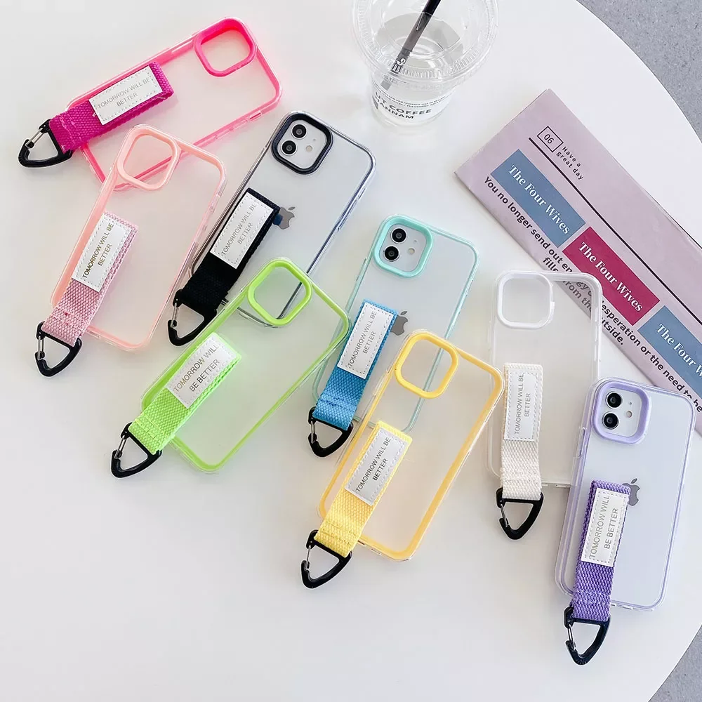 

Wrist Strap Transparent Phone Case For iPhone 11 Pro Max XR XS 12 Pro Max X 7 8 Plus Solid Color Rope Soft Shockproof Back Cover
