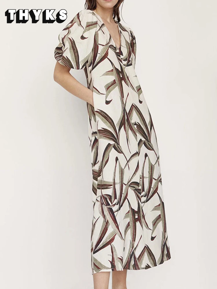 

2022 New Fashion Ladies Dress Short Sleeve V Neck Leaf Print Dress Women Summer Open Back Simple Casual Robe Women