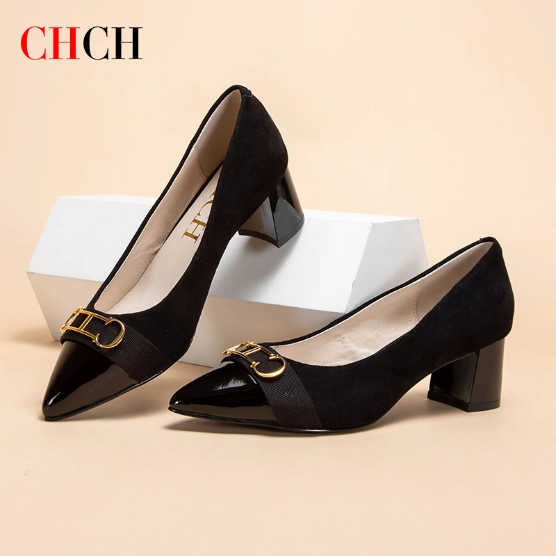 2023CHCH black high heeled shoes women's leather shoes business commuter spring and summer casual shoes single shoes suede fabri