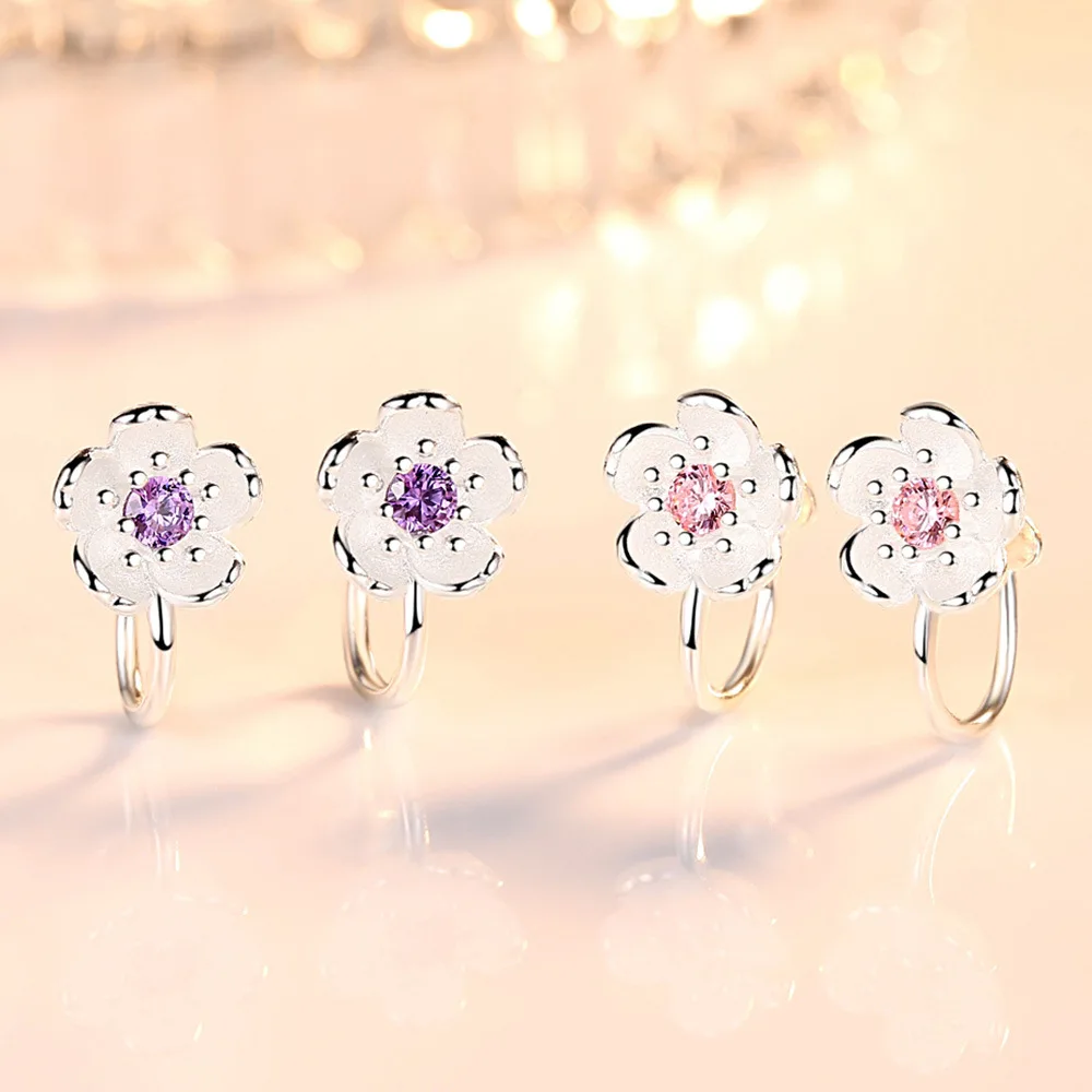 

Cherry Flower Blossoms Flower Crystal Stud Earrings Silver Color Ear Studs Women's Fine Jewelry Mother's day Birthday Gift 2022