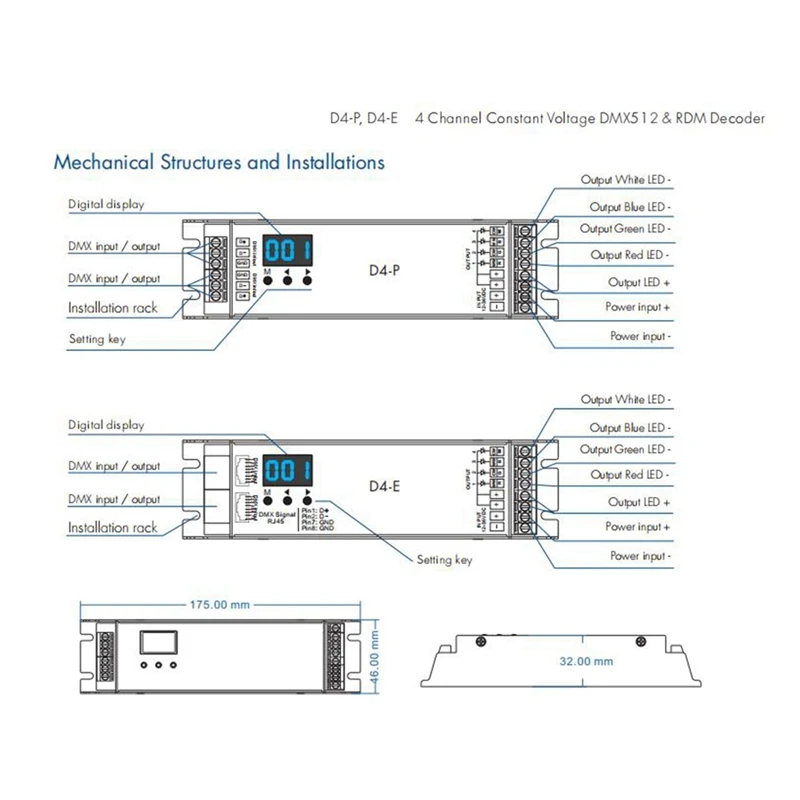 D4-P 4 Channel PWM Constant Voltage DMX &ampRDM LED Decoder Controller Digital Display XLR3 RJ45 Port DC12-36V Input 8Ax4ch Black