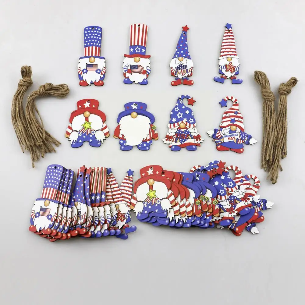

4th Of July Hanging Ornaments Independence Day Patriotic Decoration USA Flag Gnome Wooden Ornaments With Rope For Memorial P2C5