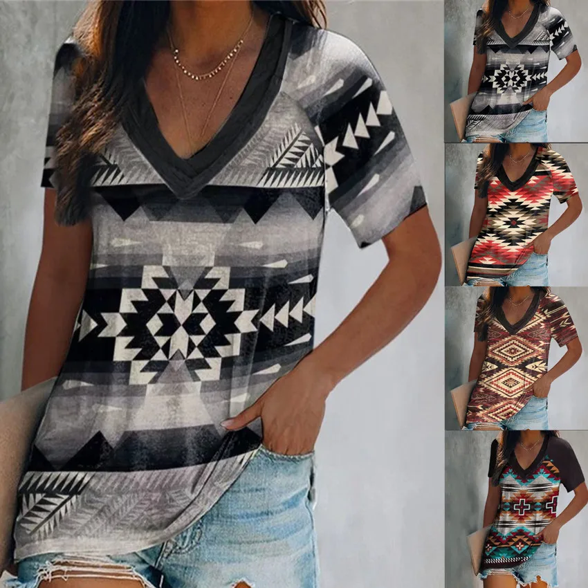 

Summer Short Sleeve Geometric 3D Print T Shirt Women Clothing Fashion Ladies Oversize Tops Casual V-Neck Female Tops Pullovers