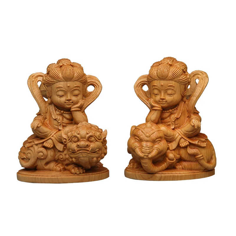 

Solid Wood Samantabhadra, Manjushri Cartoon Statue，Hand-carved Cute Home Living Room Bedroom Feng Shui Furnishings 2-piece Set