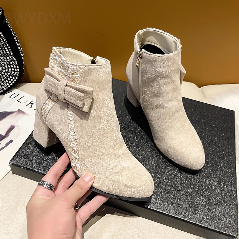 

Женские замшевые ботинки с бантом-бабочкой, серые удобные ботильоны на высоком каблуке, Классическая обувь для зимы, 2019