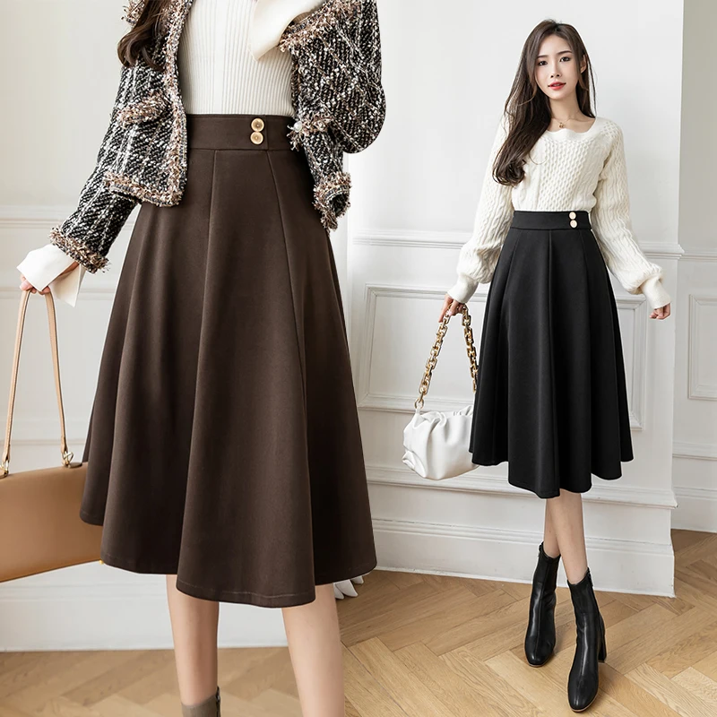 

Korean Style Woolen Large Swing Skirt 2022 Winter Thickened Lady Mid-Length Skirt