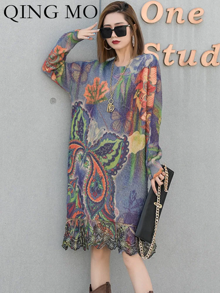 

QING MO Medium Long Printed Mink Sweater Dress Women 2023 Spring Autumn Splicing Lace Round Neck Knitted Skirt ZXF713