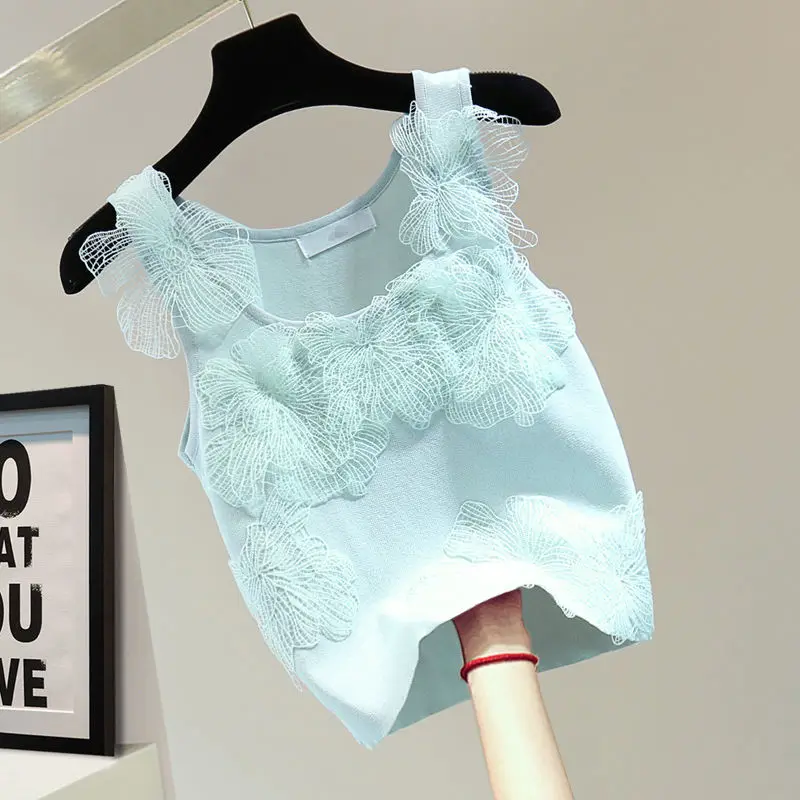 Женская однотонная трикотажная футболка с кружевной завязкой и цветочным