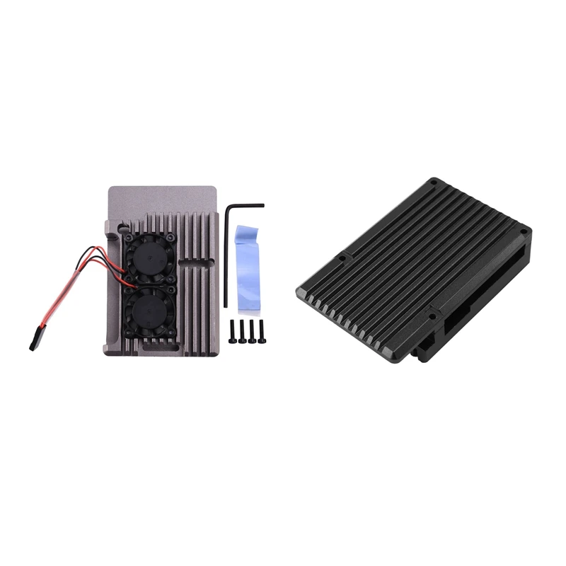 2Set For Raspberry Pi 4 Aluminum Case With Dual Cooling Fan Metal Shell Enclosure For RPI 4 Model B,Black & Gray