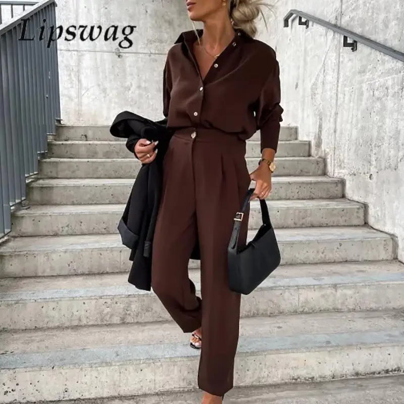 

Casual Solid Shirt Top And Trousers Women Casual Office Pocket Two-Piece Set, Autumn Winter Elegant Turn-down Collar Button Set