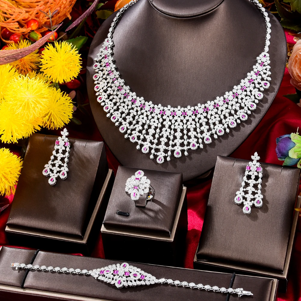 

Blachette Gorgeous Custom Zircon Necklace Earrings Bracelet Ring 4PCS Luxury Women's Wedding Banquet Jewelry bijoux femme luxe