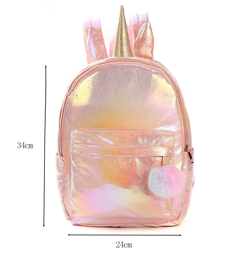 Girls School Bags Unicorn Backpack Laser Pu Multi Color Rugzak Waterproof  Bookbags For Women with Pom Pom 34X24X10CM Large