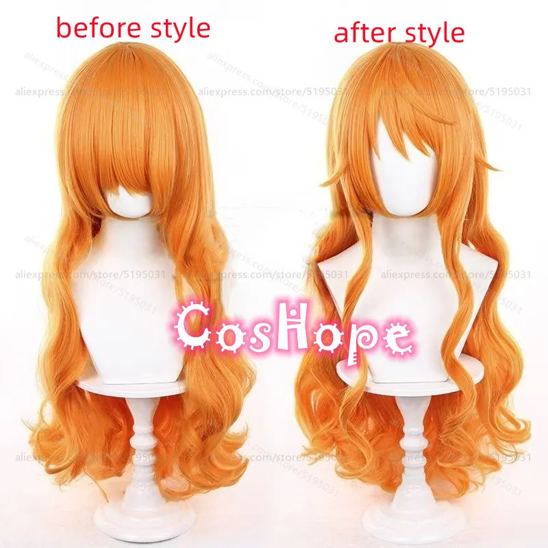 Фото Nami Cosplay Wig 75cm Long Curly Wave Orange Wig Cosplay Anime Cosplay Wigs Heat Resistant Synthetic Wigs Halloween №2