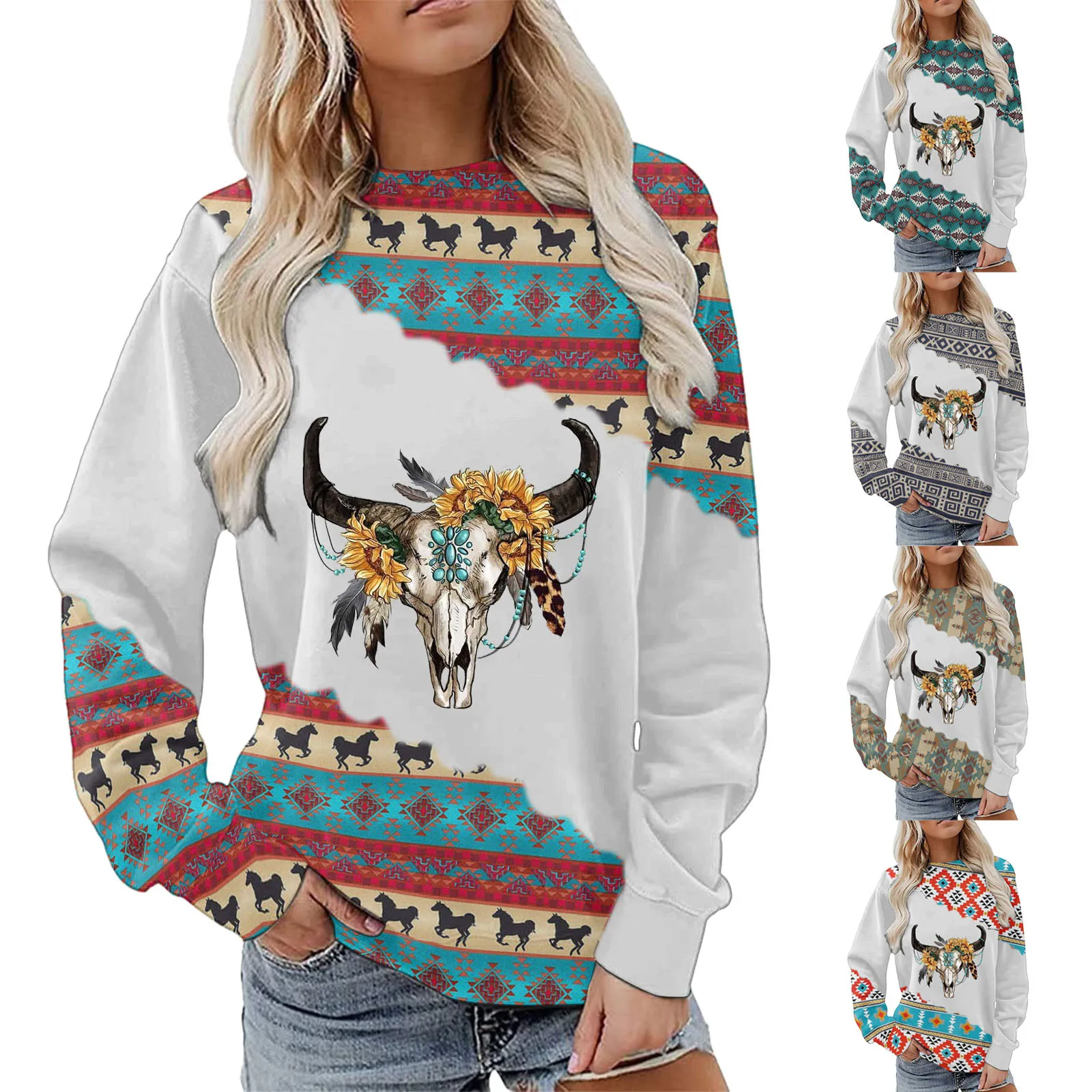 

Womens Western Aztec Sweatshirt Long Sleeve Hoodie Pullover Vintage Tops Ethnic Pattern Crew Neck Hoodie Banded Sweater