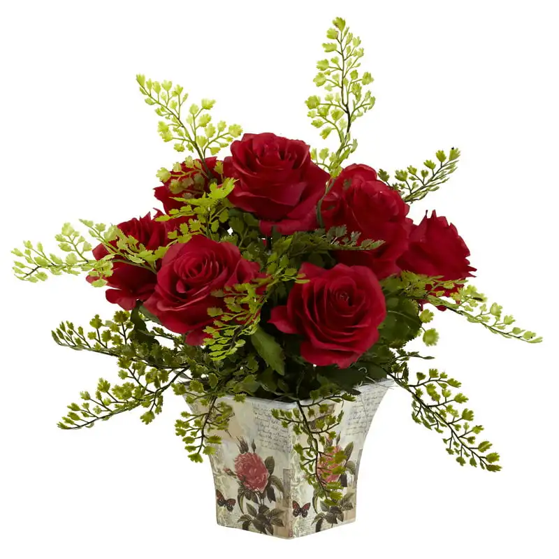 

Rose & Maiden Hair Artificial Arrangement with Planter, Red Wedding Party Vase Home Autumn Decoration Fake Flower