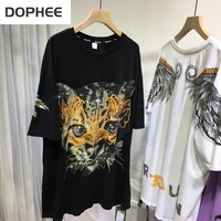 high quality luxury hot drilling women t shirt leopard back wings diamond mid long cotton top casual summer street tees 2022 new