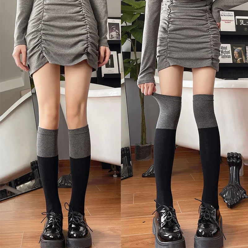 

Autumn Spring Over-knee Black Gray Patchwork Middle High School Socks Women Sexy Splicing Stocking Long JK Stockings