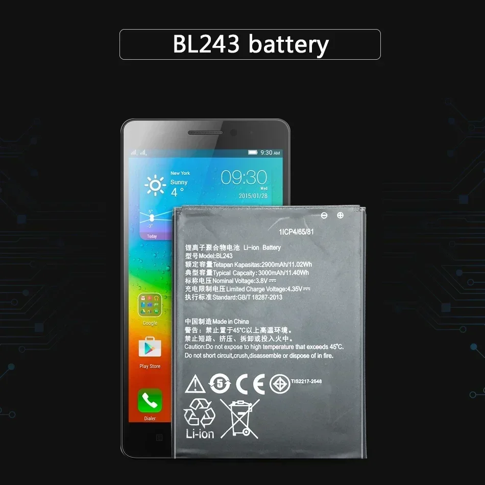 Литий-полимерный аккумулятор емкостью 3000 мАч BL243 для Lenovo K3 Note K50-T5 A7000 A5500 A5600 A7600