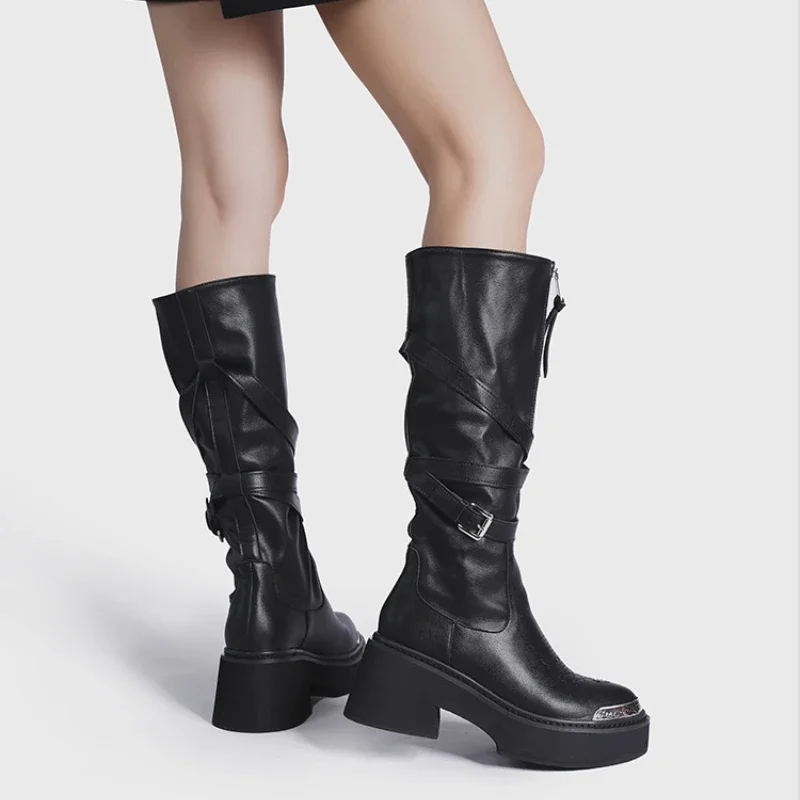 Женские черные кожаные высокие ботинки модные дизайнерские длинные с
