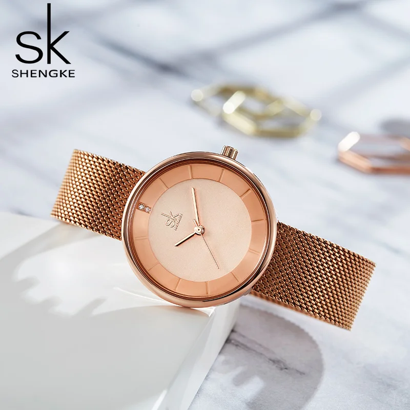 

Watches Fashion Golden Women SHENGKE Stainless SK Steel Strap Ladies Quartz Wristwatches Original Woman's Clock Relogio Feminino