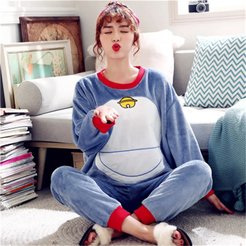 Pajamas Set Casual Sleepwear For Women Soft Cartoon Flannel Pyjama Women's Fashion Winter Warm Full Sleeve Homewear Plus Size