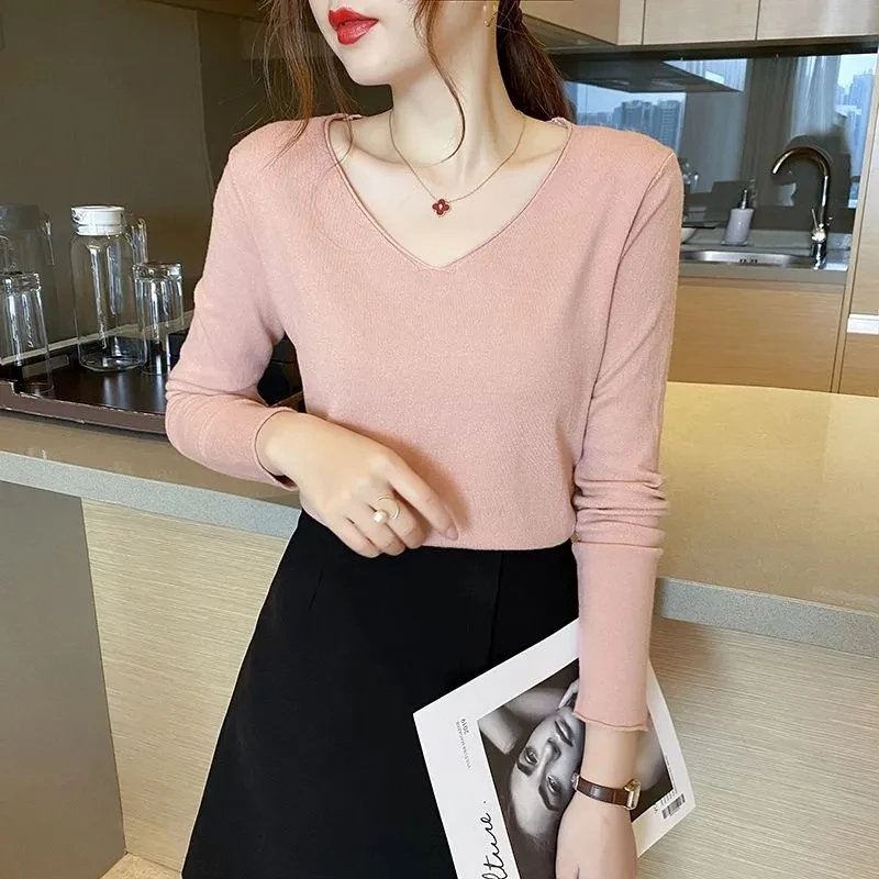 

Yasuk Spring Autumn Fashion Woman Solid Casual Women's Slim Tees Knitted Pullover Bottoming Gentle Top Warm Office Lady