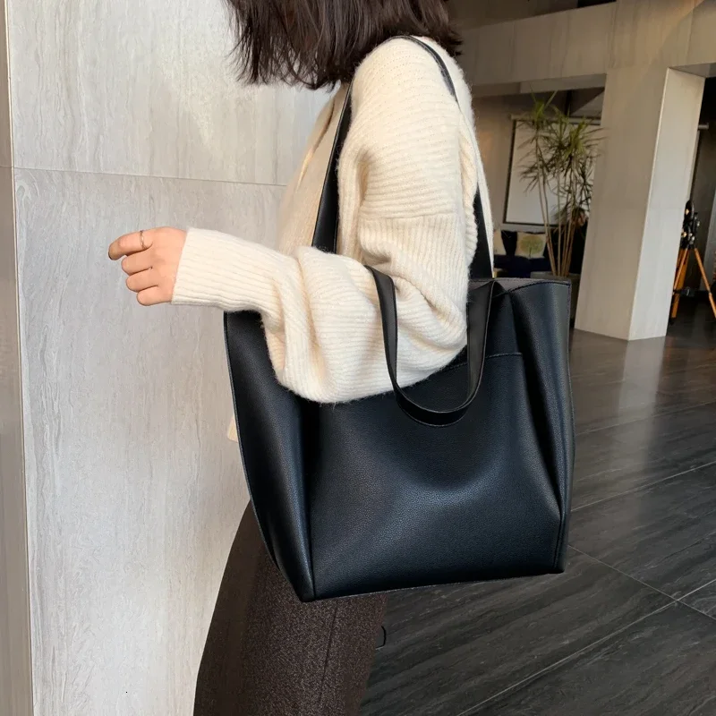 

High Quality Soft Leather Woman Casual Tote Shopper Solid Color Handbags Large Capacity Single Shoulder Bag with Outer Pocket