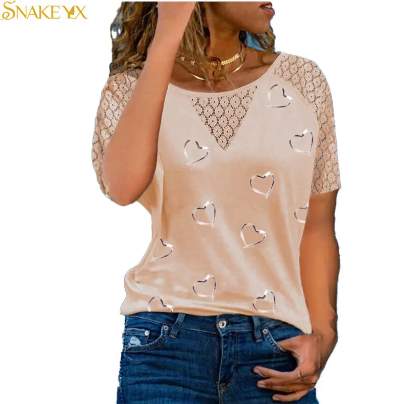 SNAKE YX Graphic Tees Women's Love Printed Short Sleeve Casual Cute T-shirt Plus Size Soft and Comfortable Summer LACE Shirt