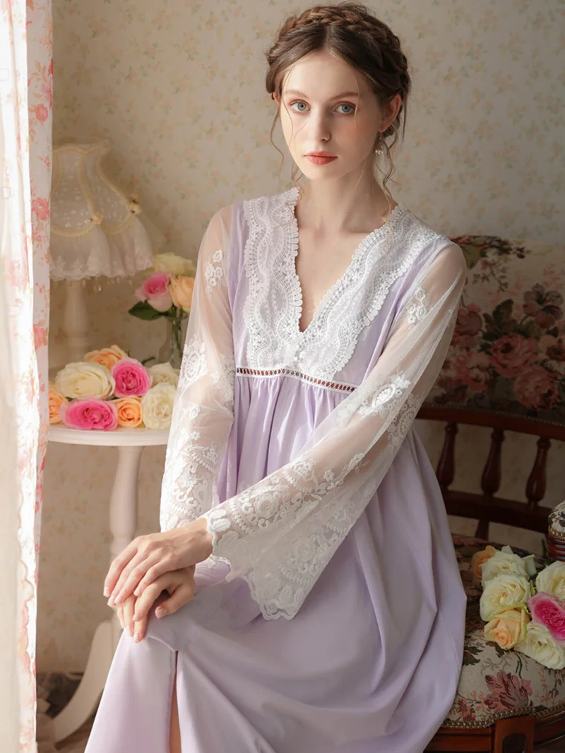 Women 2022 French Vintage Princess Pajamas Embroidery Cotton Mesh V-Neck Lace Slit Long Sleeve Nightdress Spring Autumn Vestidos