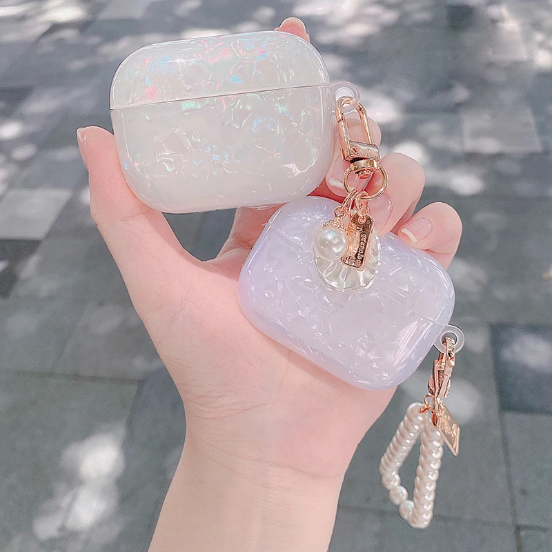 

Luxury Glossy Shell Pattern Headset Box For Apple Airpods Pro Case fundas For Airpod Pro 3 Cover Cute Pearl Bracelet Keyring