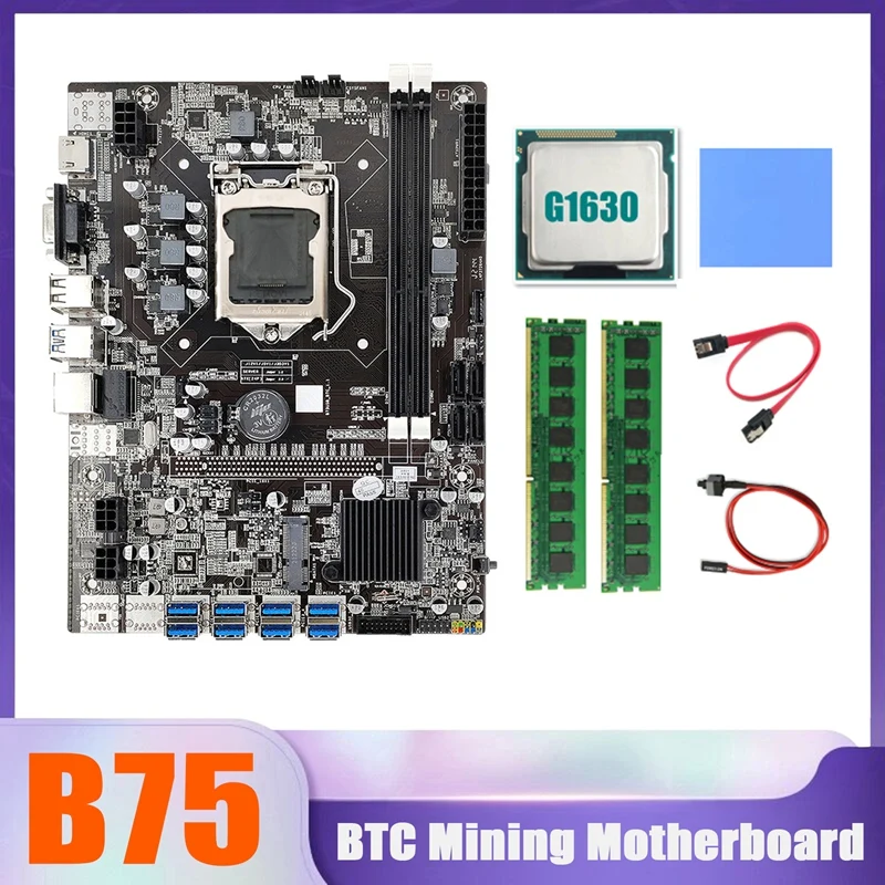 

HOT-B75 BTC Miner Motherboard 8XUSB+G1630 CPU+2XDDR3 4G 1333Mhz RAM+SATA Cable+Switch Cable+Thermal Pad B75 USB Motherboard