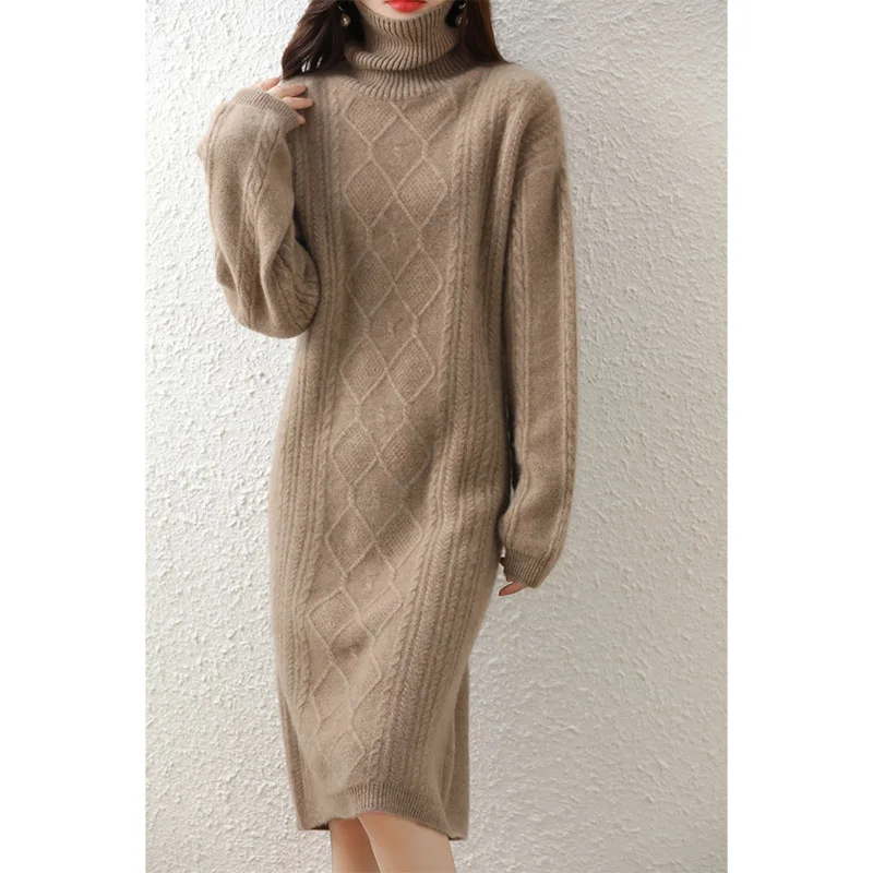 Premium Quality Ladies Turtleneck 100% Cashmere Wool Dress Long Sleeve Loose Knit Long Wool Dress Sweater Pullover Hot Sale