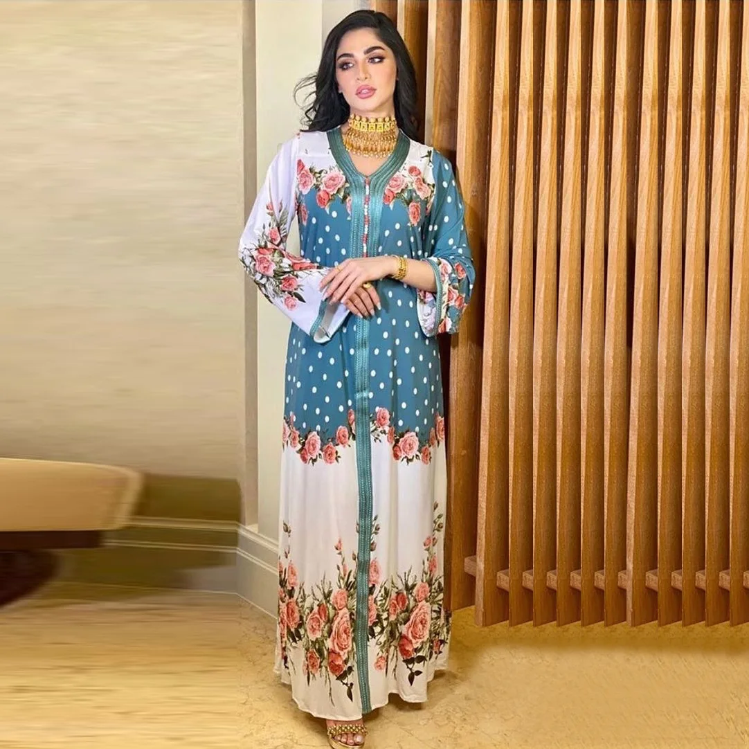Middle East Women's Muslim Beaded Handmade Belt Long Dress Abayas for Women Dubai Summer Mesh Breathable Four Seasons Universal